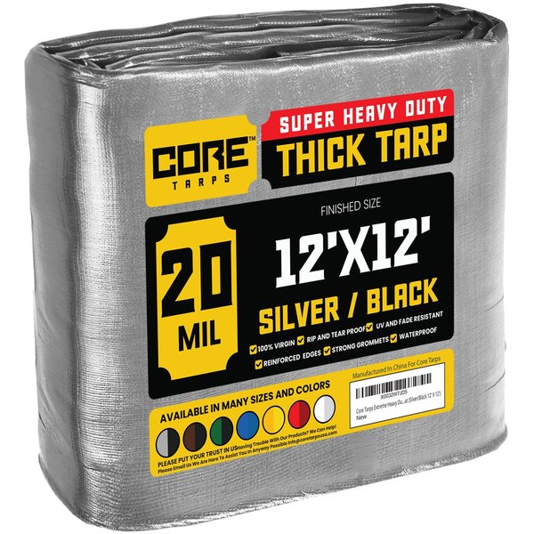 Core Tarps 12 ft L x 0.5 mm H x 12 ft W Heavy Duty 20 Mil Tarp, Silver/Black, Polyethylene CT-701-12X12